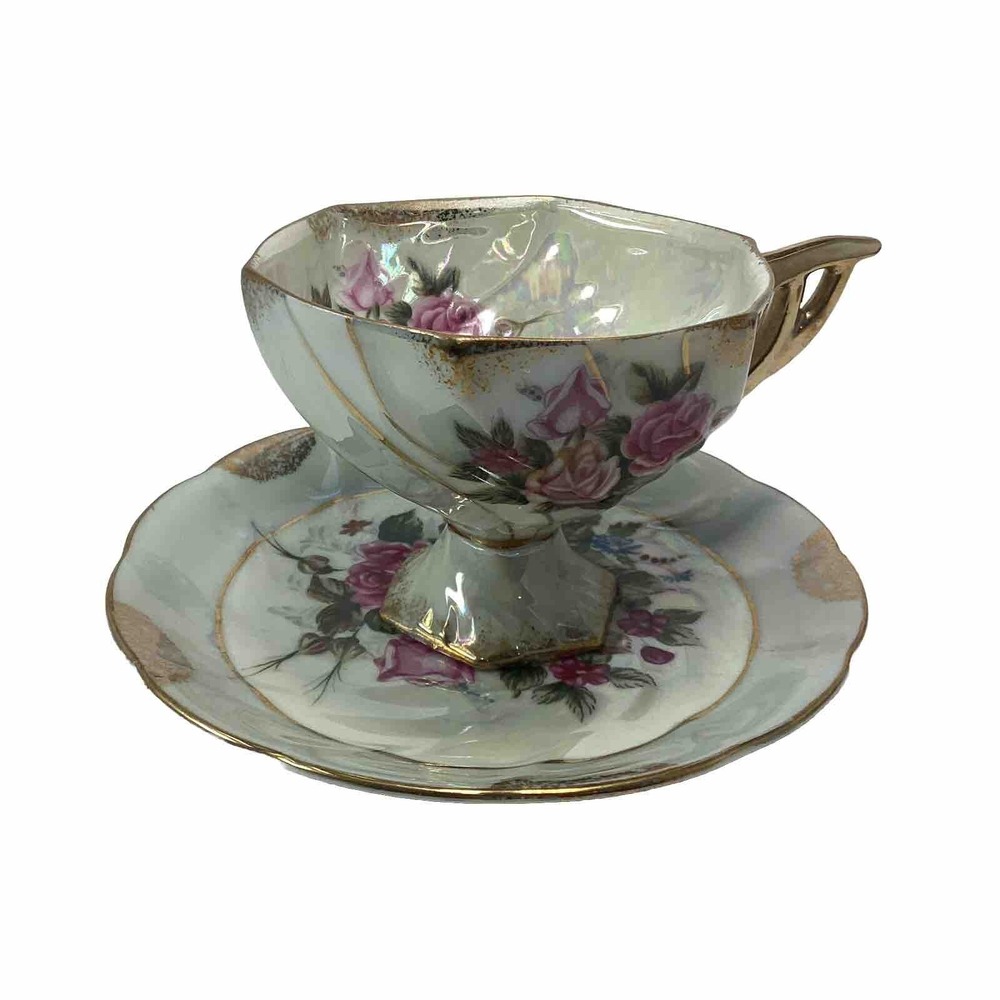 Vintage JAPAN  IRIDESCENT TEACUP & SAUCER Pale Blue Color W/Pink Roses